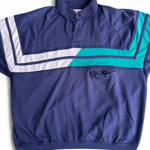 90s Idletime Striped Long Sleeve Rugby Men’s Polo Shirt with Front Button Pocket - Picture 2 of 7